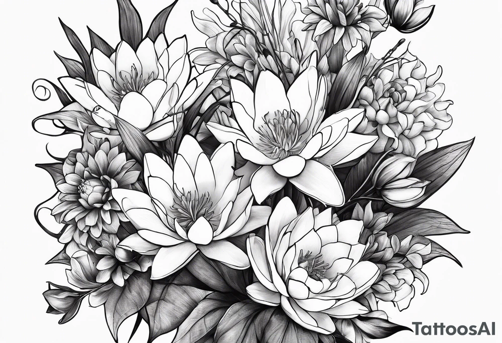 Larkspur and water lily bouquet with stems tied with ribbon tattoo idea