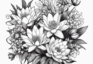Larkspur and water lily bouquet with stems tied with ribbon tattoo idea