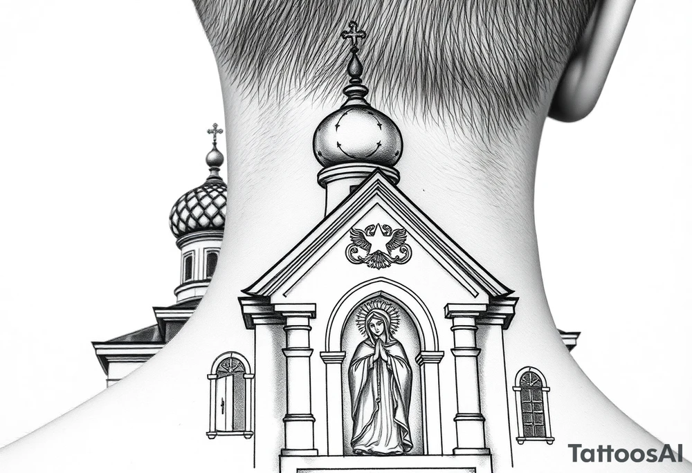 Flowing Scene

A onion domes orthodox church
Virgin Mary in prayer pose on the front doors of the russian orthodox church 
A small double headed russian coat of arms eagle or just the star tucked above the dome near the hairline tattoo idea