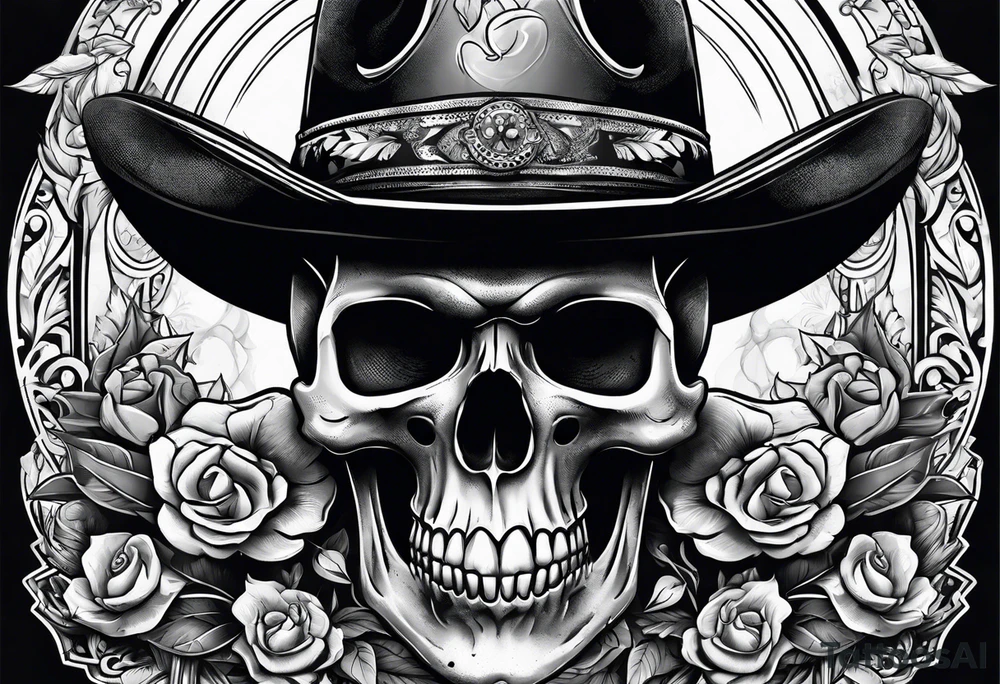 Skull wearing a cowboy hats, smoking a cigar. tattoo idea