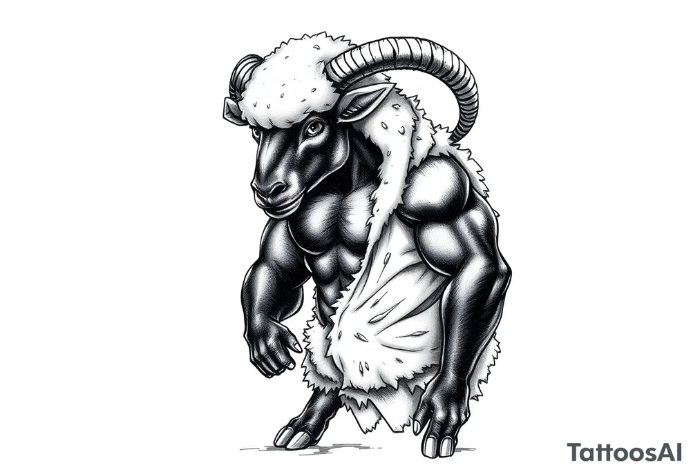 Black sheep with muscles stepping out of a white sheep costume getting war ready tattoo idea