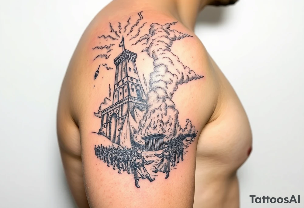 this will be a right arm sleeve.

A crumbling tower struck by lightning, with people scattering in chaos.
Fire raining down from heaven on a burning city, with smoke rising.
A blazing altar with fire falling from heaven
 Floodwaters overtaking the earth, with an ark in the distance. tattoo idea