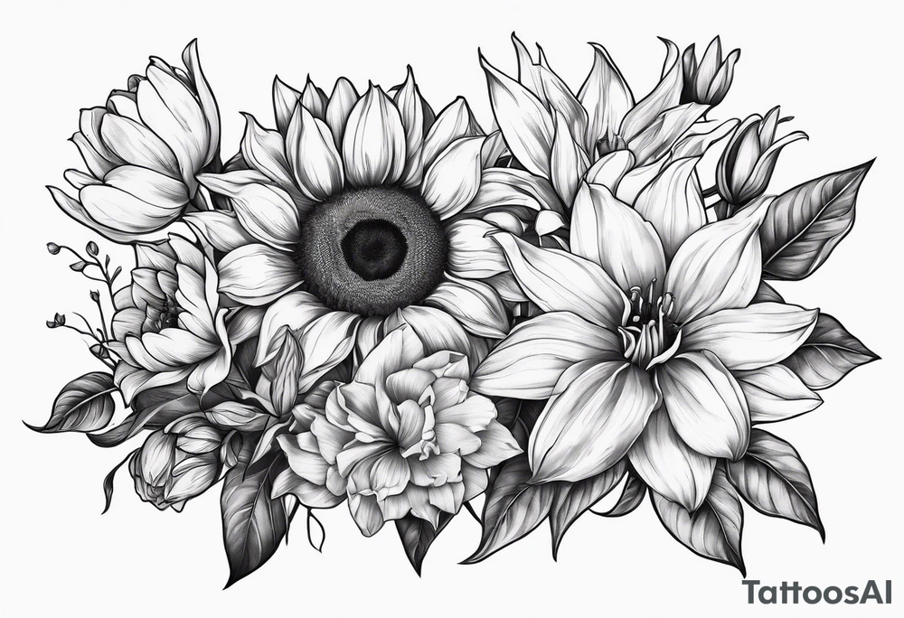 sunflower, lily, peony, cherry blossom and tulip tattoo idea