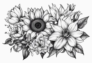 sunflower, lily, peony, cherry blossom and tulip tattoo idea
