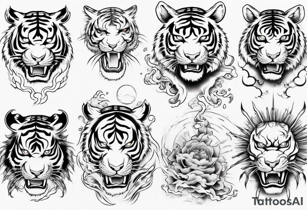 Tiger sleeve tattoo with lightning and the sun tattoo idea