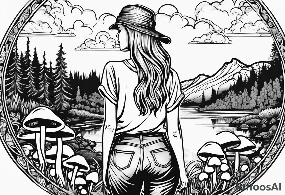 Whole picture within a circle Straight long blonde hair hippie girl in distance holding mushrooms in hand facing away toward mountains and creek surrounded by mushrooms tee shirt hiking pants hiking boots tattoo idea