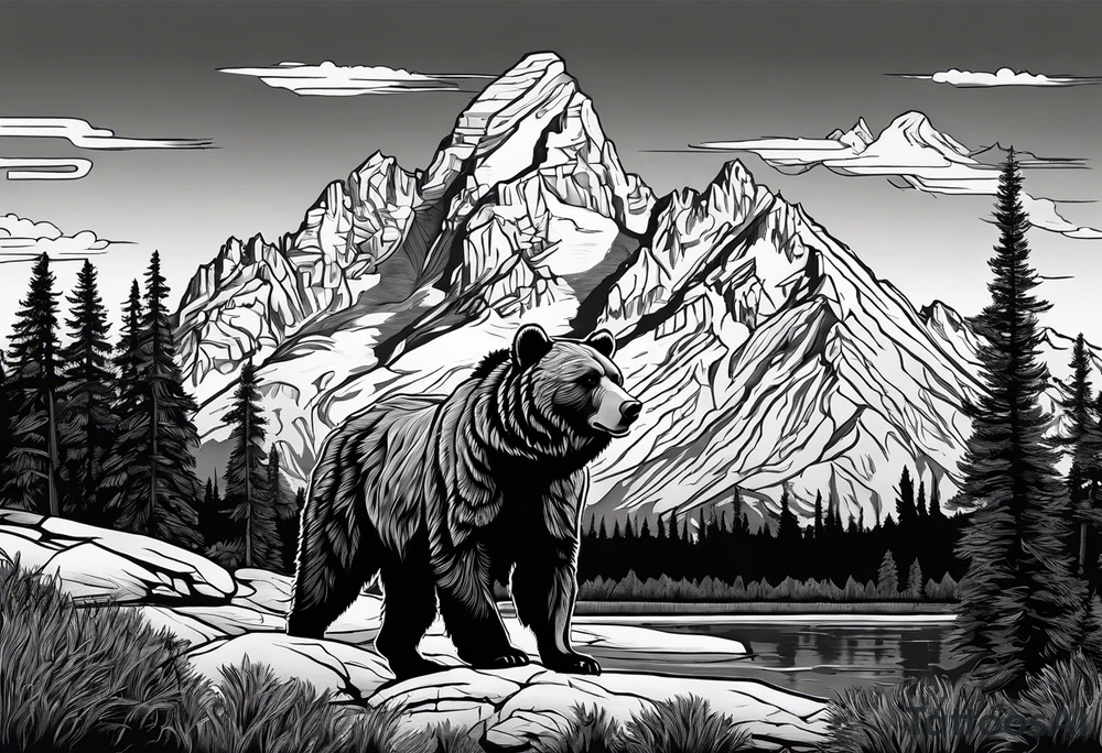grand Teton mountain with a grizzly bear tattoo idea