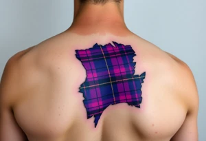 Purple tartan fabric on left shoulder with skin peeling back to reveal tartan underneath tattoo idea