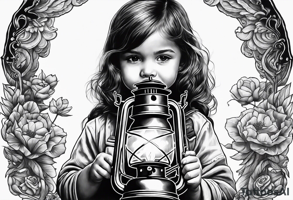 A small girl holding a lantern in hell tattoo idea