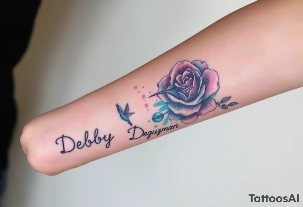 A tattoo on the forearm with the name Debby Deguzman with a humming bird and a rose tattoo idea