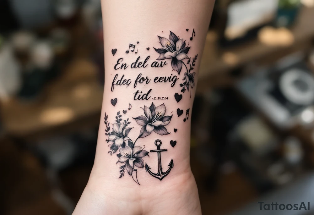 make a quote that says "En del av deg for evig tid" "Pappa, 20.12.24" Surrounded by gladiolus, music notes, hearts and an anchor tattoo idea