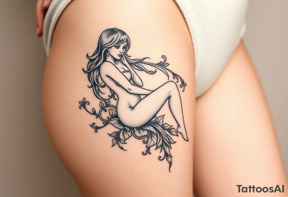 Full thigh tattoo with a sexy fantasy girl tattoo idea