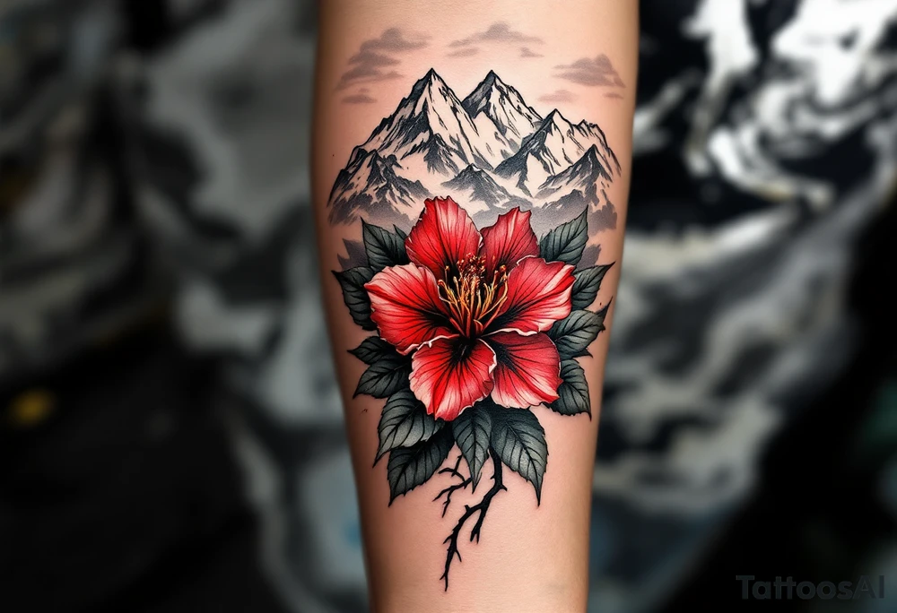 red  and black rhododendron trippy with Himalayas behind tattoo idea