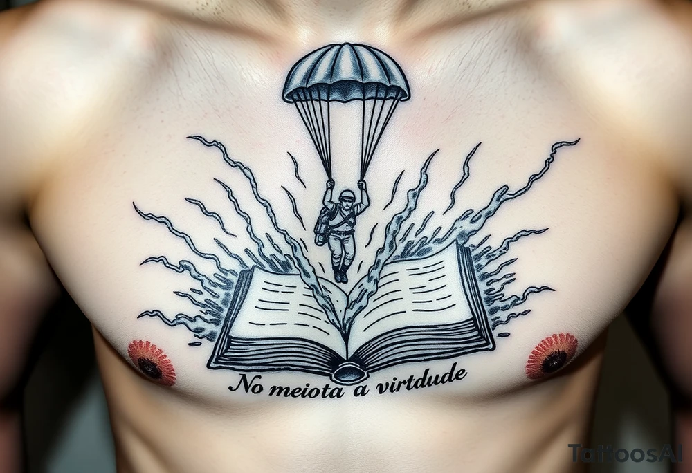 A parachuting soldier landing into an open book. Chaos surrounding, but the book is protecting the soldier from it. On the chest. Make the tattoo smaller. Make it thought provoking. "No meio esta a virtude" underneath the book. Make the chaos in the environment be a thunderstorm tattoo idea