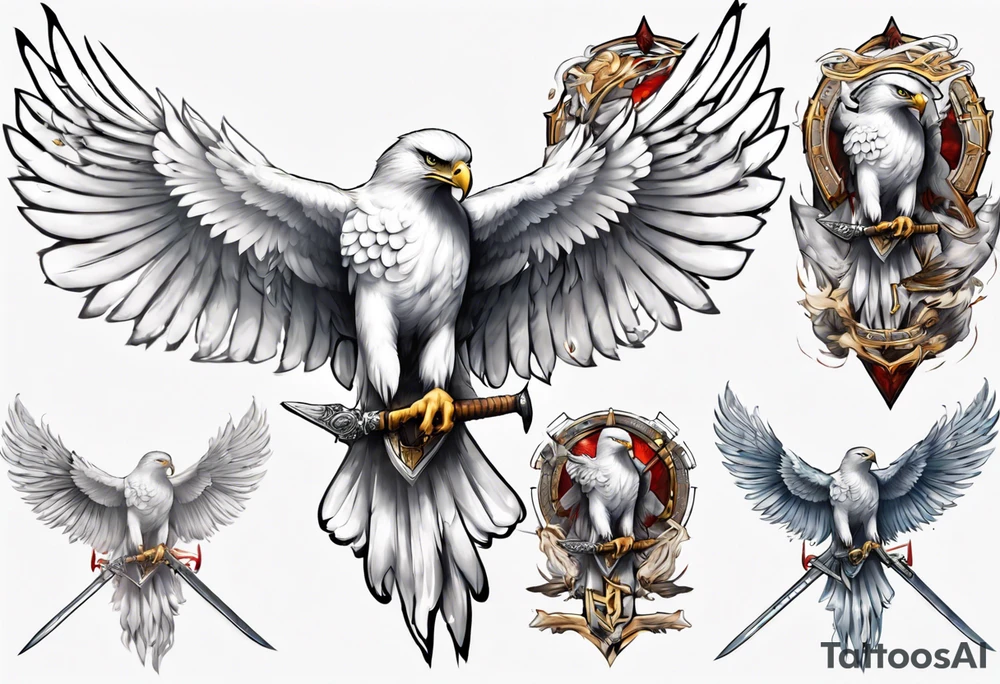 A white hawk holding a sword tattoo idea
