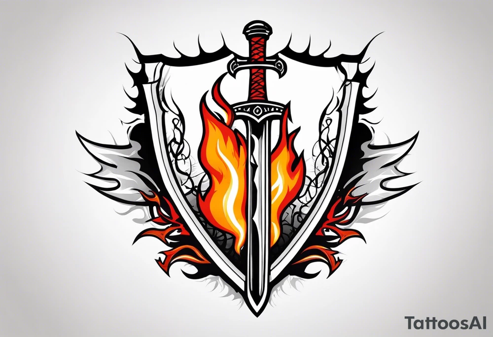 Valhalla on fire
flames sword shield barb wire tattoo idea