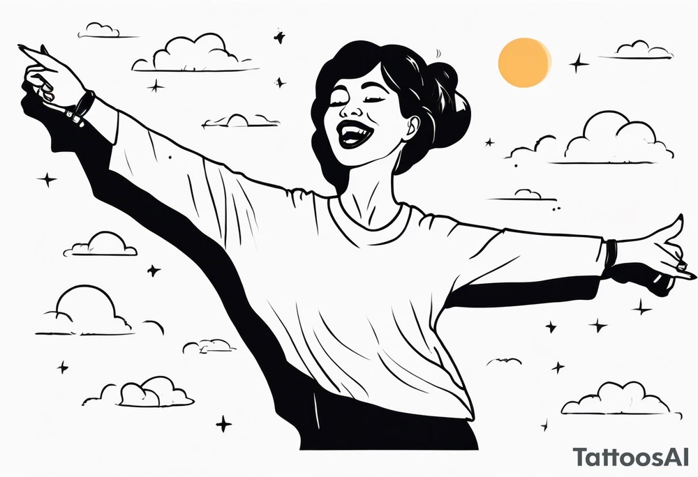 Silly. odd woman ugly dancing pointing her fingers up in the sky. tattoo idea