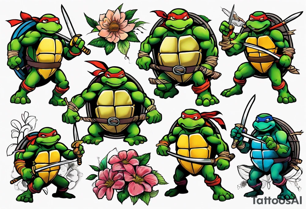teenage mutant ninja turtles fighting with floral accents tattoo idea