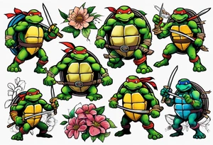 teenage mutant ninja turtles fighting with floral accents tattoo idea