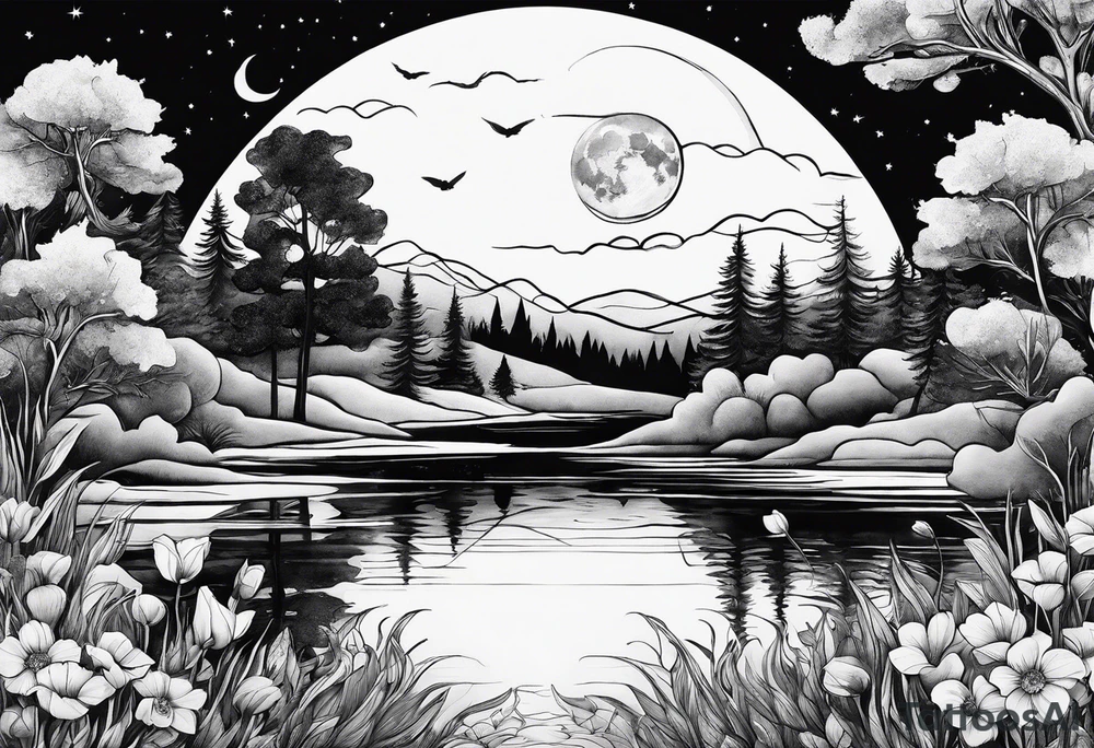 Secret, hidden garden, flowers, lake, daylight moon tattoo idea