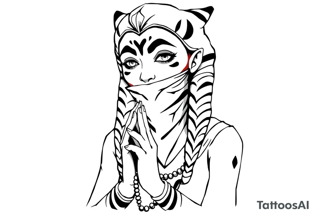 Ahsoka praying with rosary in hands and bandana over mouth tattoo idea