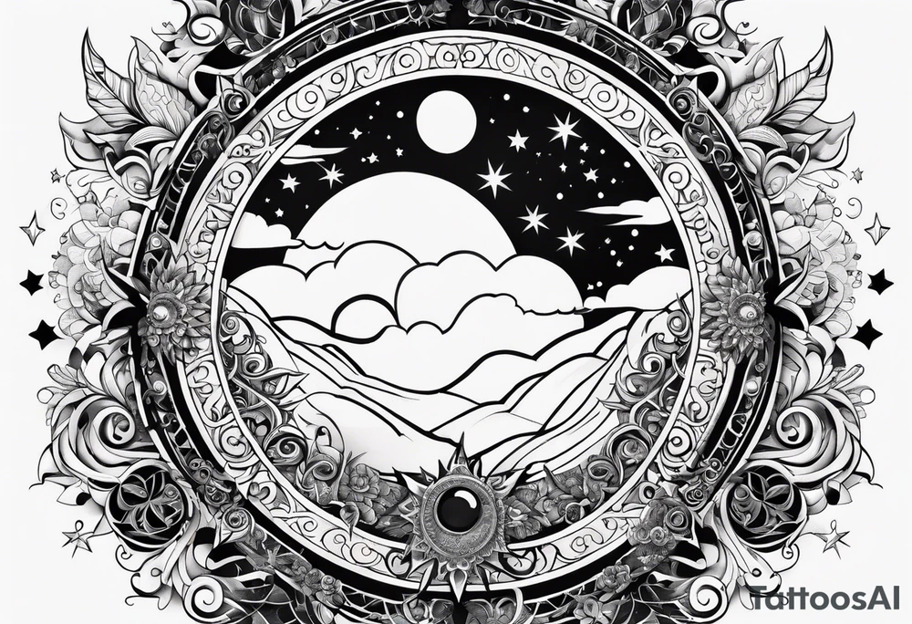 Sun and moon sternum swirls and dots and stars tattoo idea