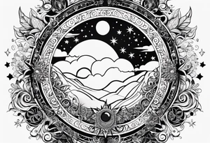 Sun and moon sternum swirls and dots and stars tattoo idea