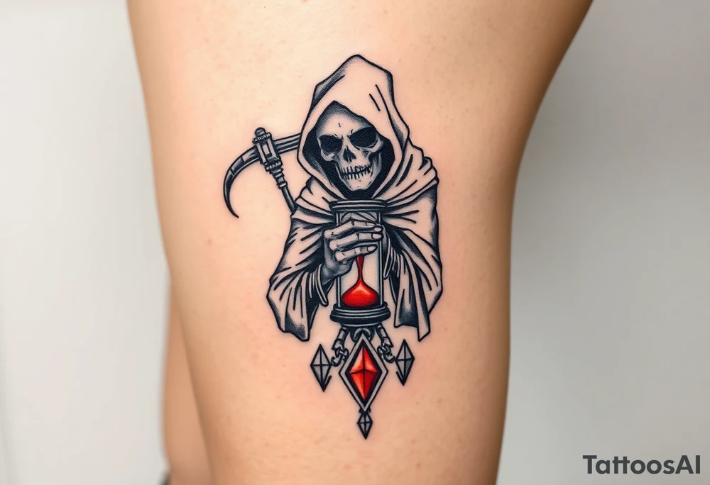 Simple grim reaper looking at a watch on his wrist with a hourglass with red sand and diamond geometric shapes for the thigh tattoo idea