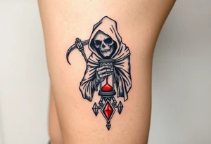 Simple grim reaper looking at a watch on his wrist with a hourglass with red sand and diamond geometric shapes for the thigh tattoo idea