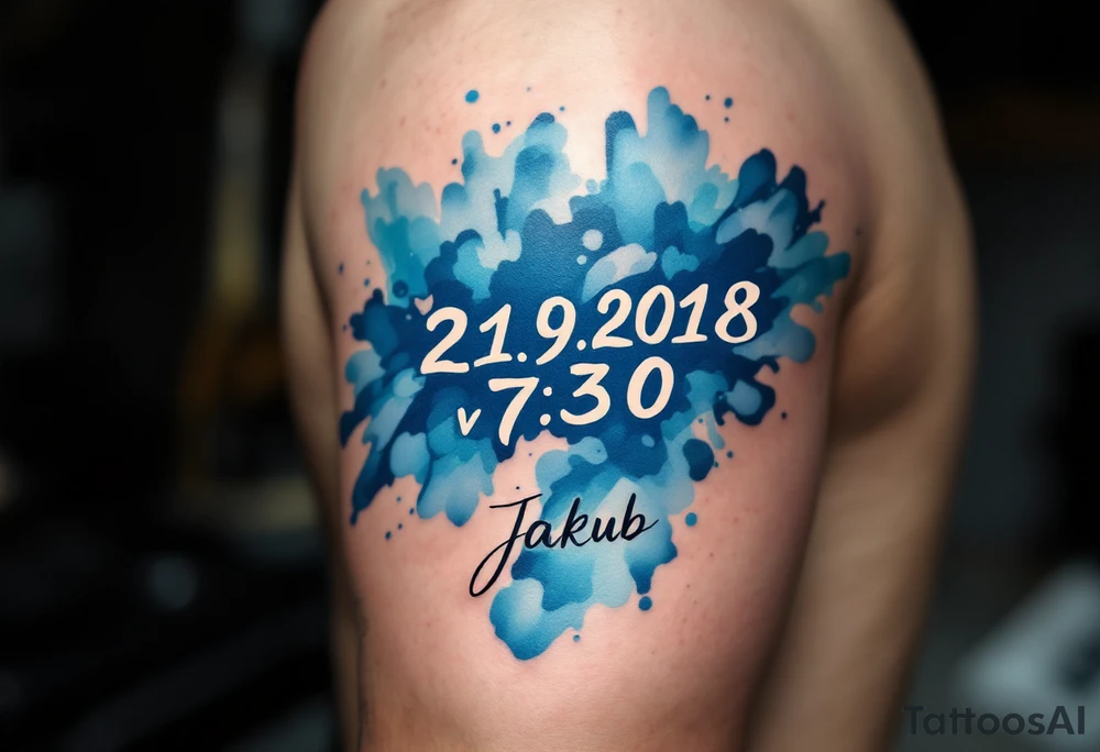 Bold numbers "21.9.2018 v 7:30" with the name "Jakub" beneath, surrounded by a blue watercolor splash. tattoo idea