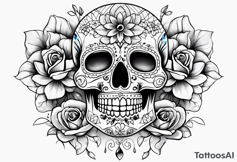 Sugar skull with roses daisies and water lilies for half sleeve shoulder and upper arm tattoo idea