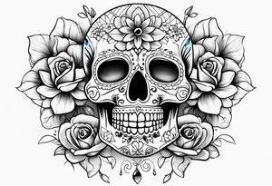 Sugar skull with roses daisies and water lilies for half sleeve shoulder and upper arm tattoo idea