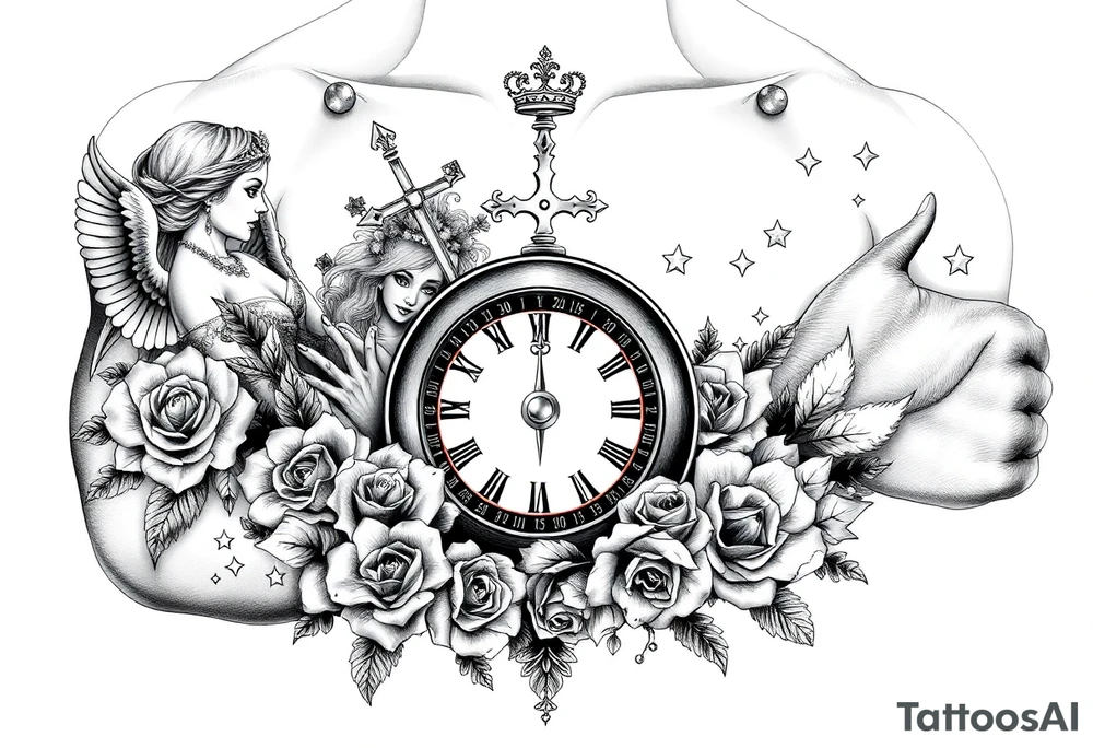 Roulette casino and princess and cross, baby angels, roses and clock and stars and fish, crown tattoo idea