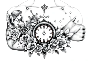 Roulette casino and princess and cross, baby angels, roses and clock and stars and fish, crown tattoo idea