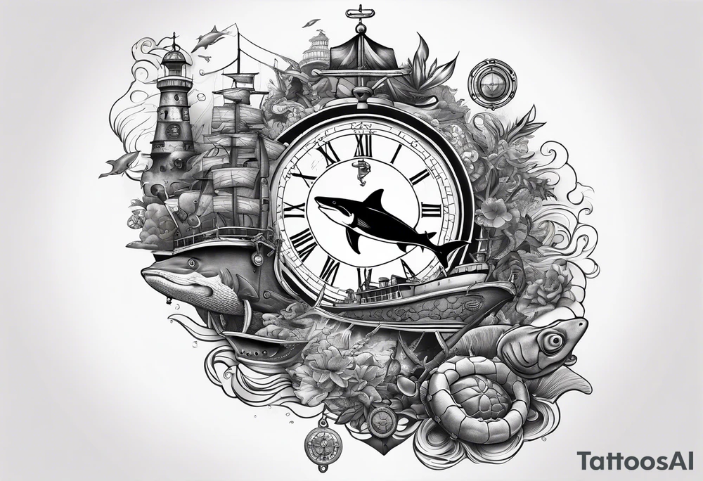 Nautical theme leg tattoo with shark, turtle, treasure map, compass, octopus, bell diver tattoo idea