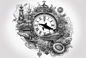 Nautical theme leg tattoo with shark, turtle, treasure map, compass, octopus, bell diver tattoo idea
