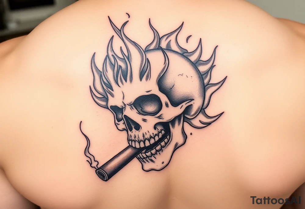 Skull engulfed in vibrant flames, cigar smoldering in its jaw. tattoo idea