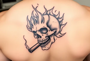 Skull engulfed in vibrant flames, cigar smoldering in its jaw. tattoo idea