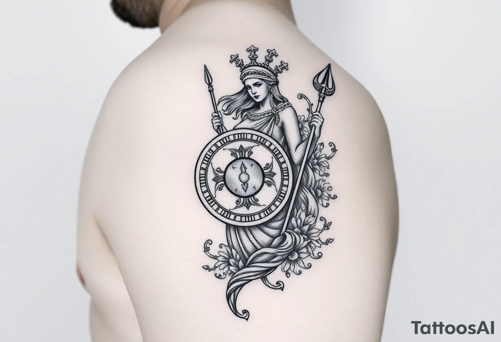 The goddess Athena with her Medusa shield and spear surrounded by Greek flourished designs on right arm tattoo idea