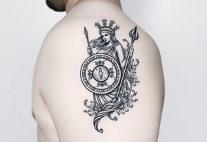 The goddess Athena with her Medusa shield and spear surrounded by Greek flourished designs on right arm tattoo idea