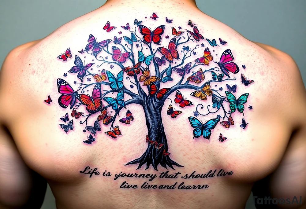 Colorful tree of life with colors purple,red, turquoise,gray , black with 23 beautiful colorful butterflies and the words" Life is a journey that you should live and learn from. tattoo idea