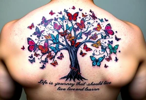Colorful tree of life with colors purple,red, turquoise,gray , black with 23 beautiful colorful butterflies and the words" Life is a journey that you should live and learn from. tattoo idea