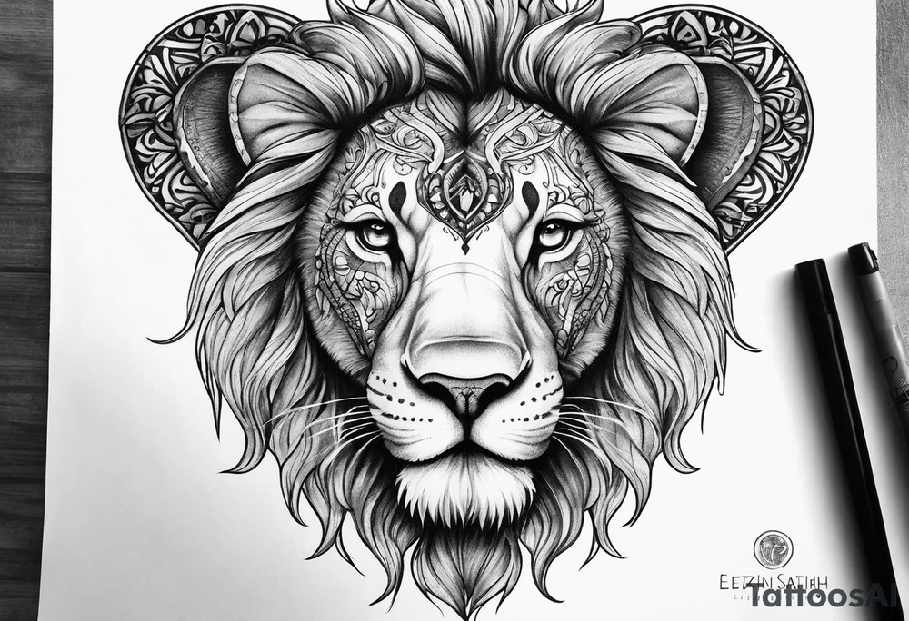 Half lion face half elephant face tattoo idea