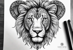 Half lion face half elephant face tattoo idea