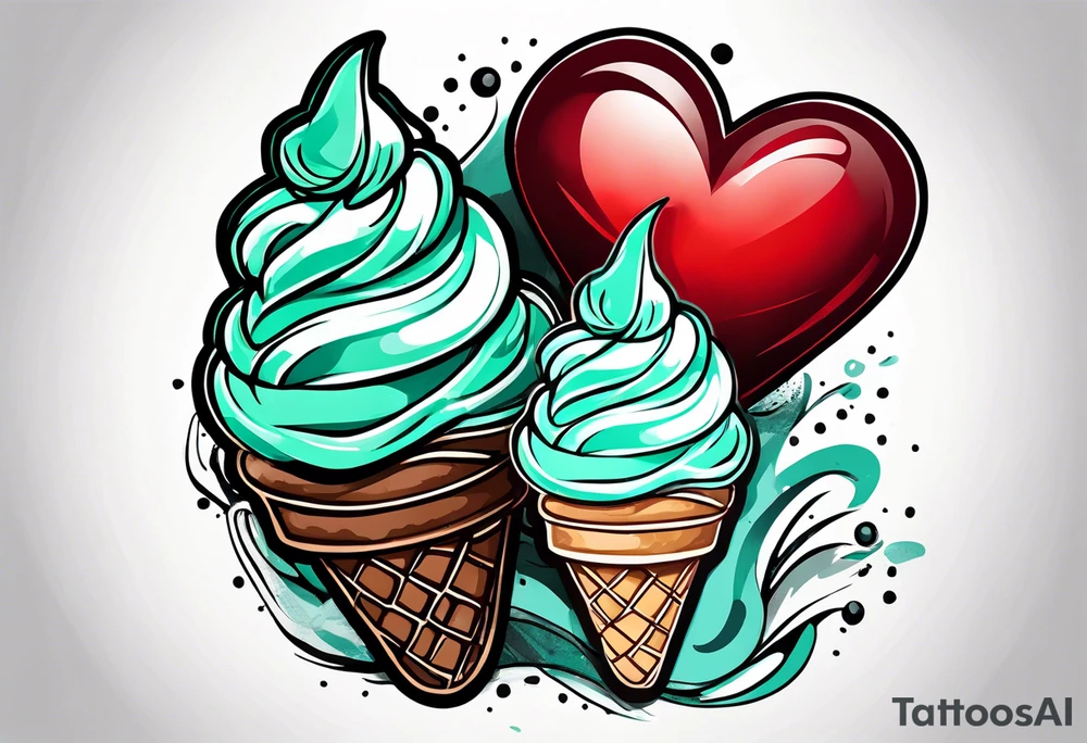 mint chocolate chip ice cream cone with small red heart on it somewhere. tattoo idea