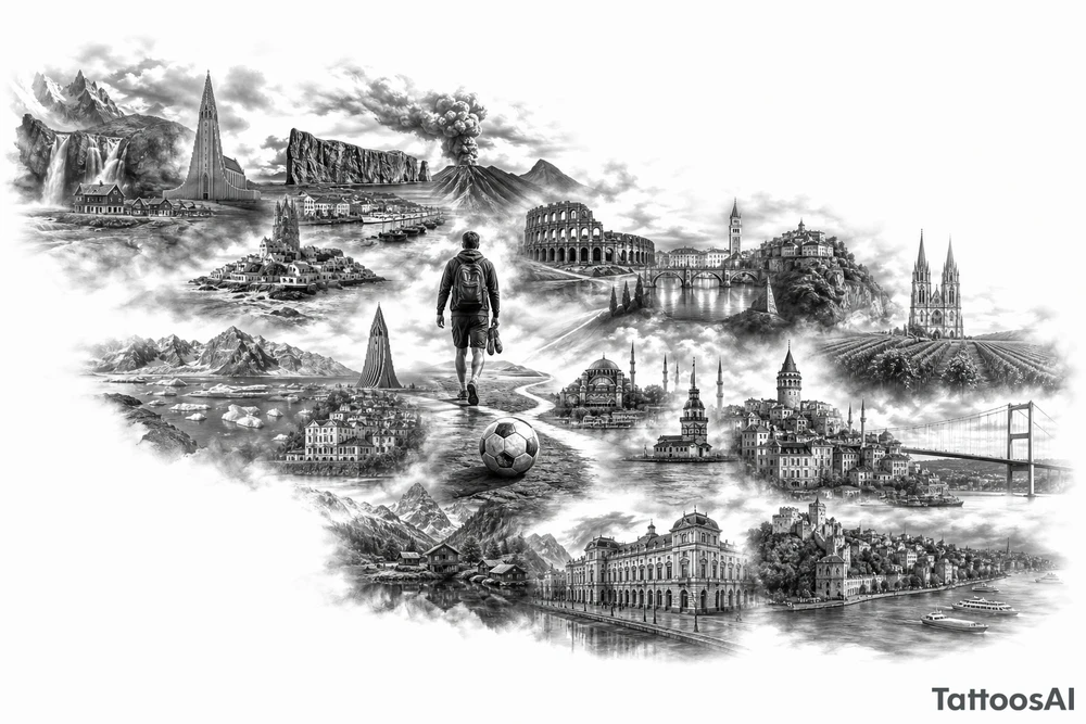 Iceland x3 (sindri, ibv, stjarnan) Italy x2 (Verona, Sassuolo) Spain (Logrono) Turkey x2 (Fenerbahce, Besiktas) Hungary (Fradi) France (Bordeaux) Something to do with football journey, surreal style to fit on arm forearm or inner bicep no crests just main attractions of each country tattoo idea
