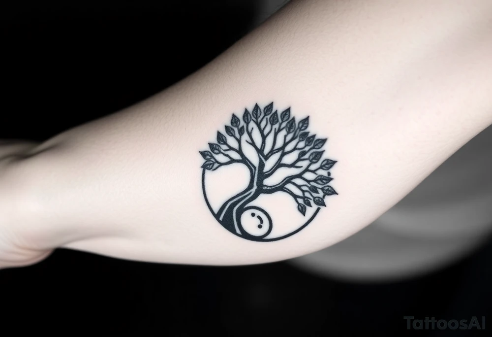 Tree with few leaves encircled in a spiral circle starting from the center of the tree tattoo idea