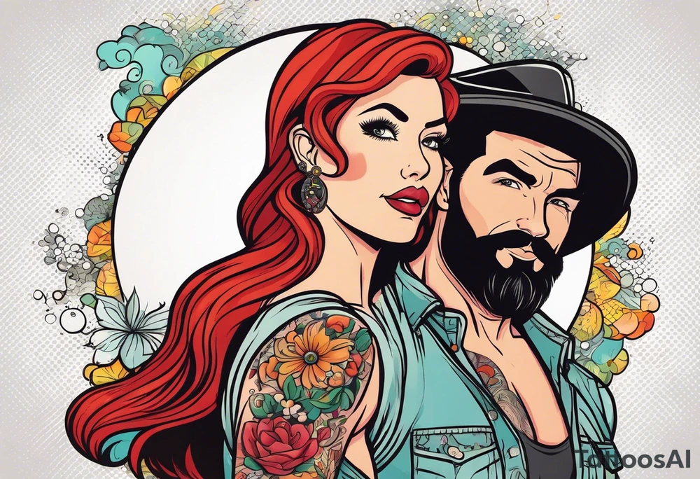 Busty Red haired woman with black haired bearded man tattoo idea