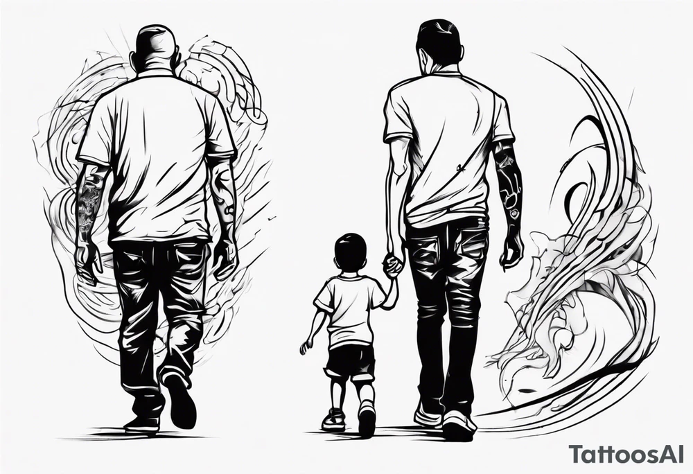 dad and son walks away contour tattoo idea