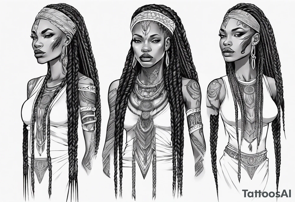 African female valkyre full body angelic
slim face long braided hair tattoo idea